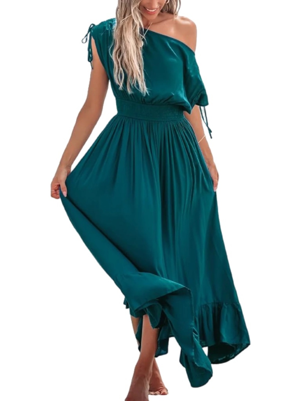 NWT Cupshe Women’s Teal One Shoulder Ruffled Maxi Dress Size Large